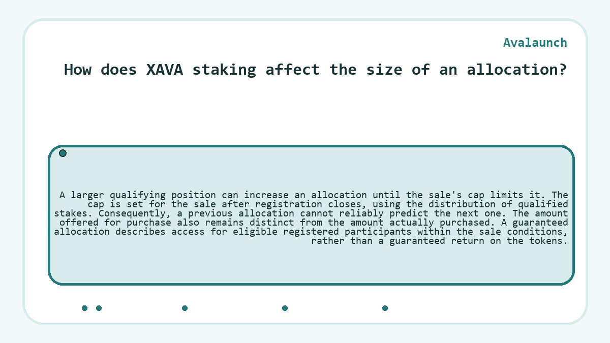 How does XAVA staking affect the size of an allocation?: A larger qualifying position can increase an allocation until the sale's cap limits it. The cap is set for the sale after registration closes, using the distribution of qualified stakes. Consequently, a previous allocation cannot reliably predict the next one. The amount offered for purchase also remains distinct from the amount actually purchased. A guaranteed allocation describes access for eligible registered participants within the sale conditions, rather than a guaranteed return on the tokens.